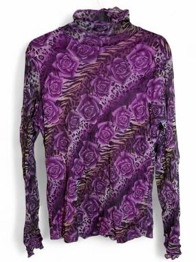 Y2K Purple mesh long sleeve top with rose and leopard print size small